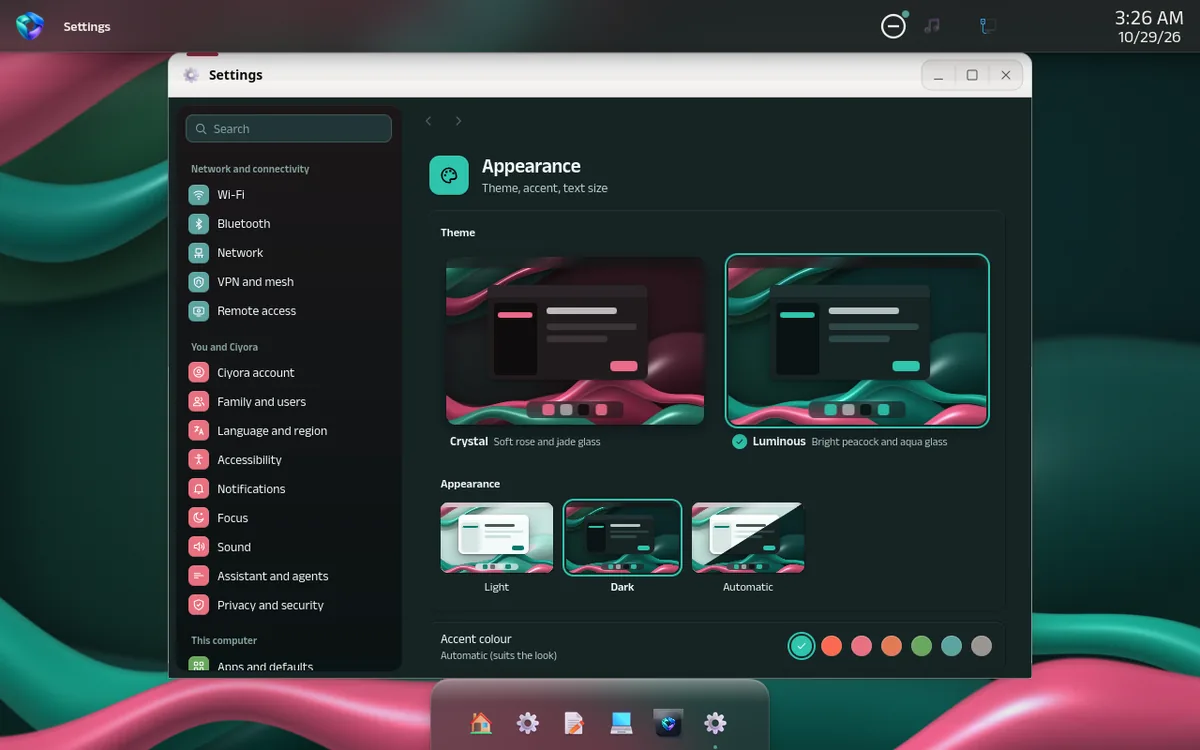 Ciyora Settings, Appearance page, in the Luminous dark look with theme, light and dark, and accent colour choices