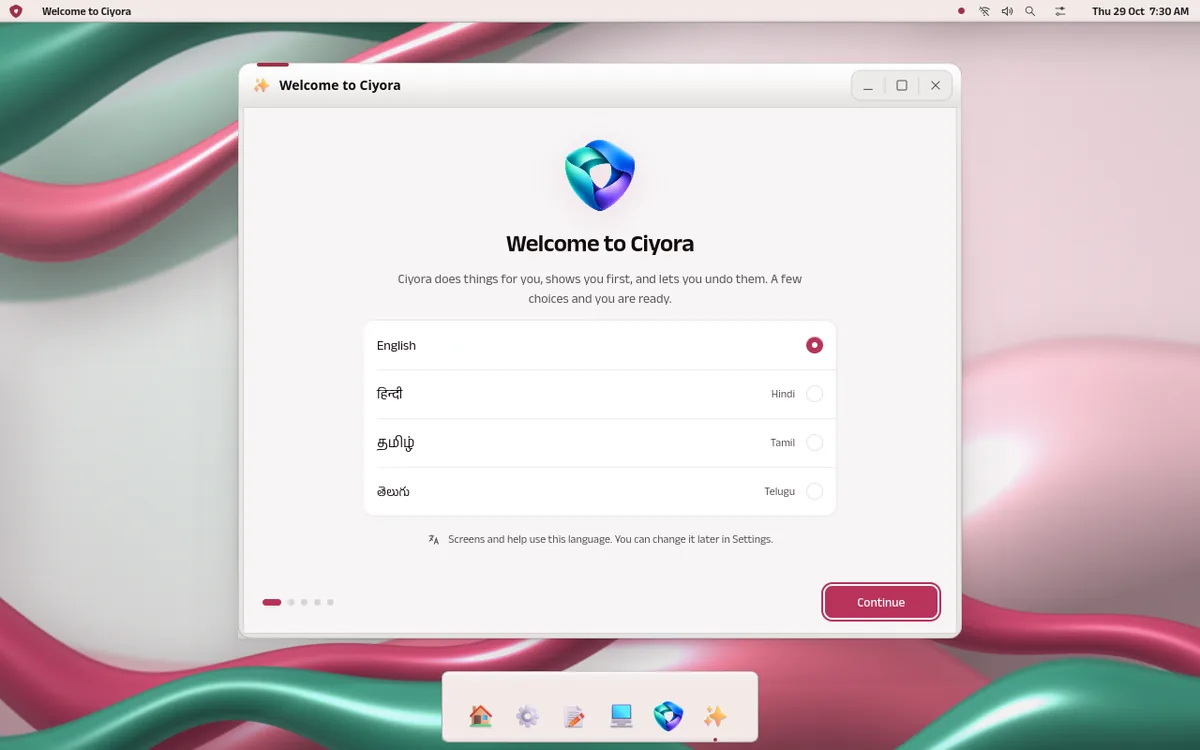 Ciyora OS first-run welcome screen offering English, Hindi, Tamil and Telugu