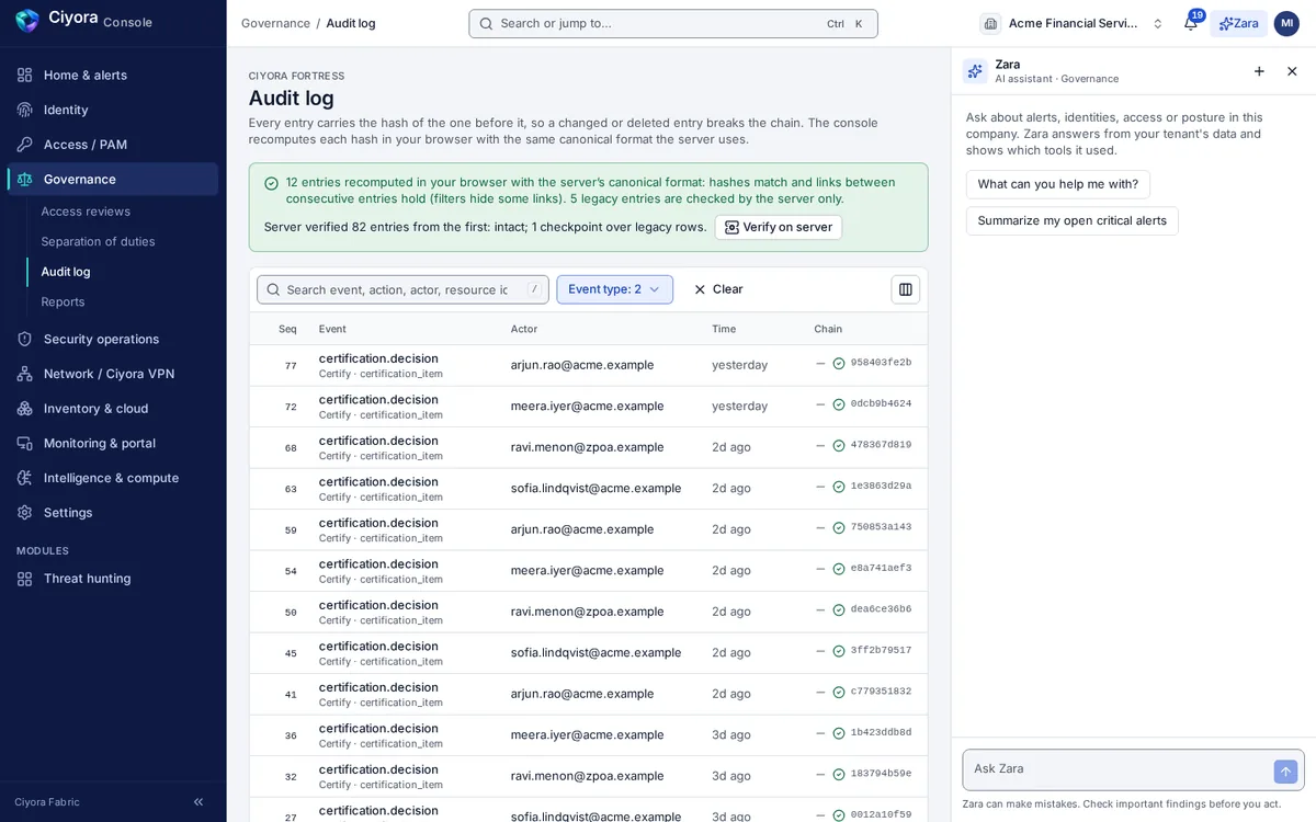 The audit log with a green result: 12 entries recomputed in the browser match the server’s hashes, and the server verified 82 entries from the first. Each row shows sequence, event, actor, time and chain hash.