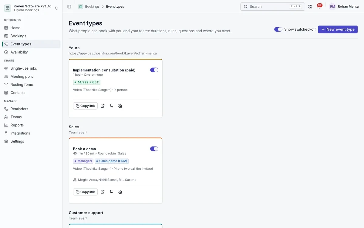 Event types grouped by host and team, with duration, round-robin or one-on-one kind, price and location