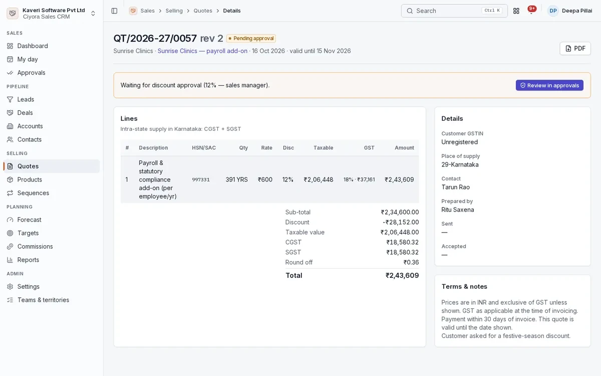 Quote awaiting discount approval with line items, place of supply and the tax split.