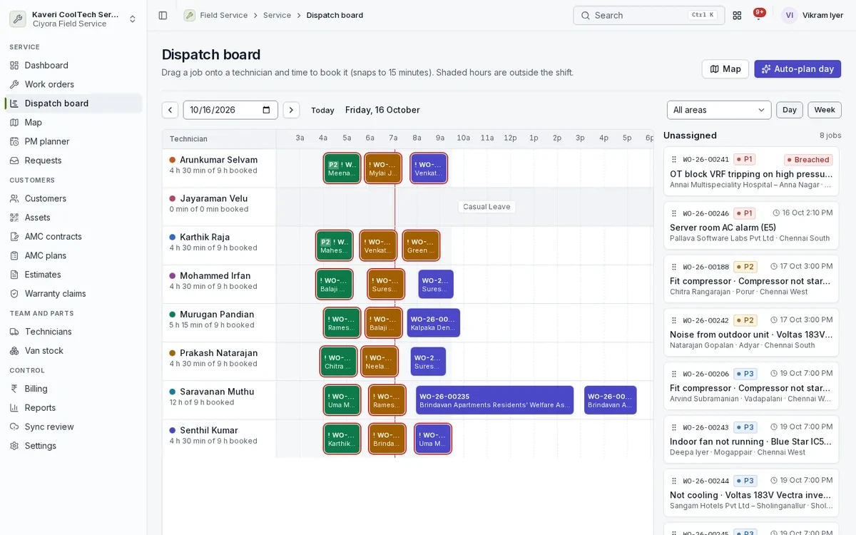 Dispatch board with each technician’s jobs on a day timeline, leave blocked out and unassigned jobs with priority and SLA status