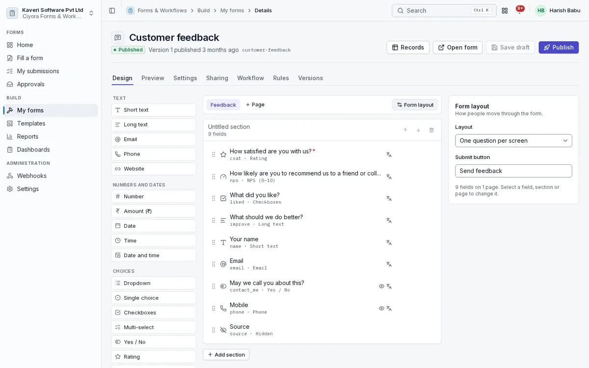 Form builder for a customer feedback form with the field palette, canvas and layout settings.