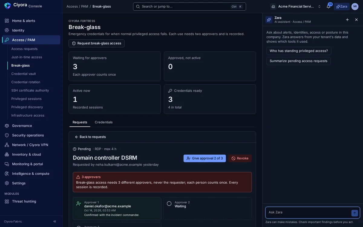 A break-glass request for a domain controller that needs three different approvers, showing approver one recorded with a comment and approver two waiting.
