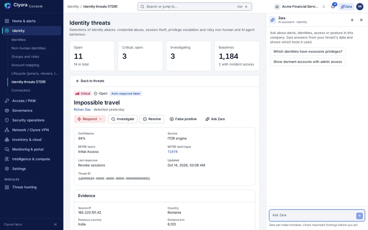 An identity threat detection for impossible travel, mapped to MITRE technique T1078, with evidence of a sign-in from a new country and response options.