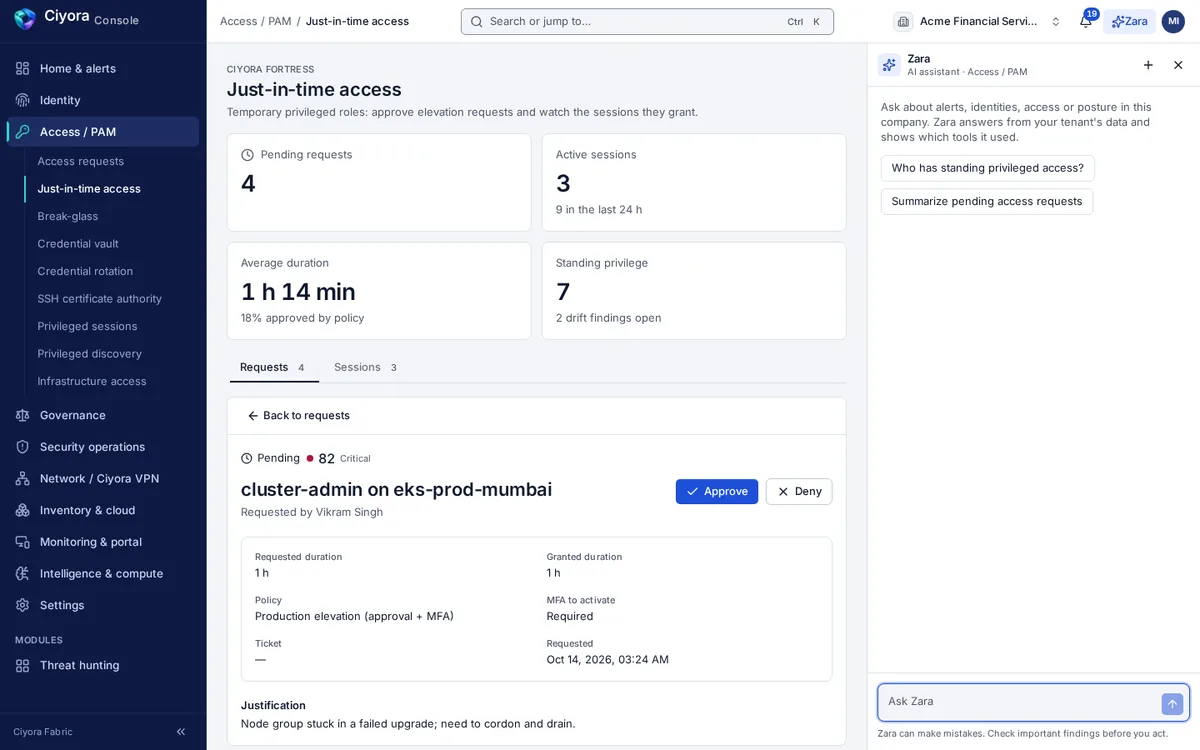 A pending just-in-time request for cluster-admin on a production Kubernetes cluster: one hour requested, policy requiring approval and MFA, and the requester’s justification.