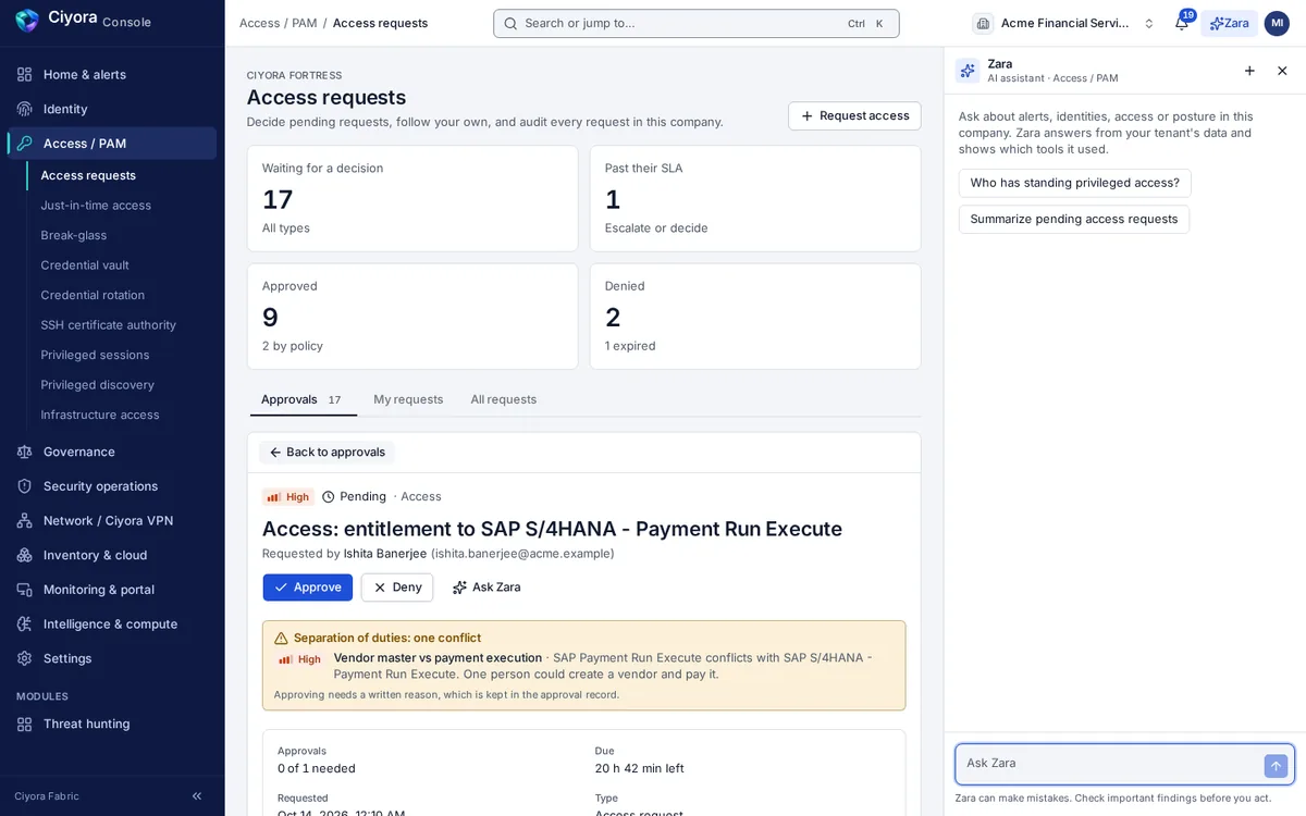 An access request for SAP payment-run execution with a separation-of-duties warning: vendor master and payment execution conflict, and approving requires a written reason.