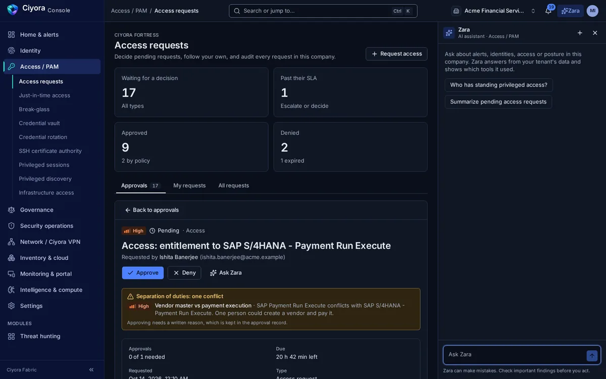An access request for SAP payment-run execution with a separation-of-duties warning: vendor master and payment execution conflict, and approving requires a written reason.