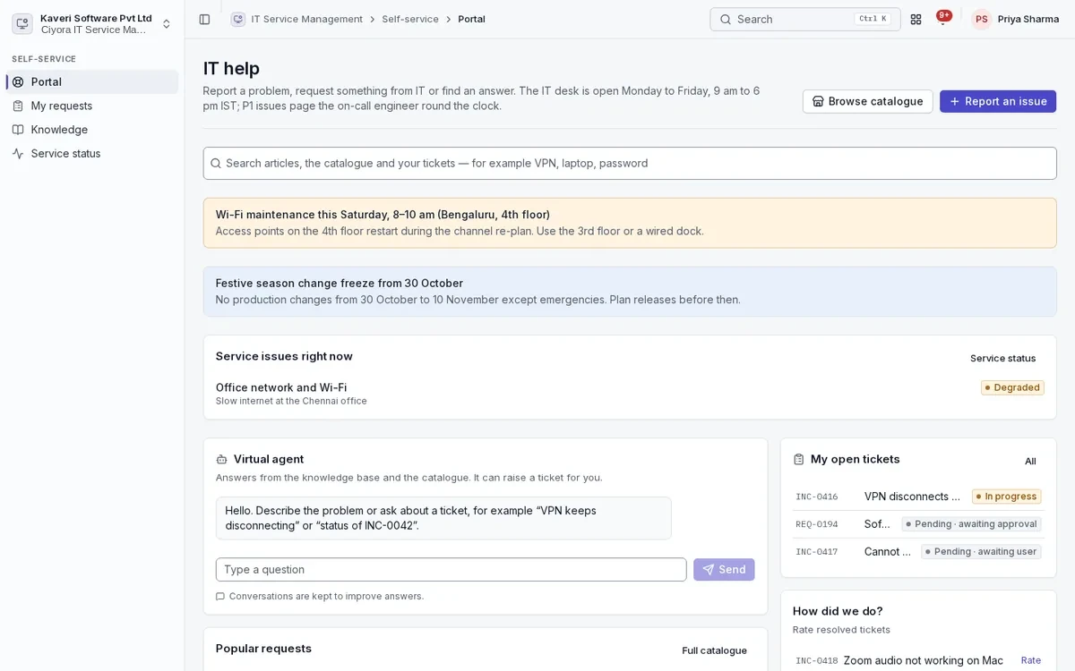 Employee IT portal with announcements, current service issues, a virtual agent, popular requests and open tickets