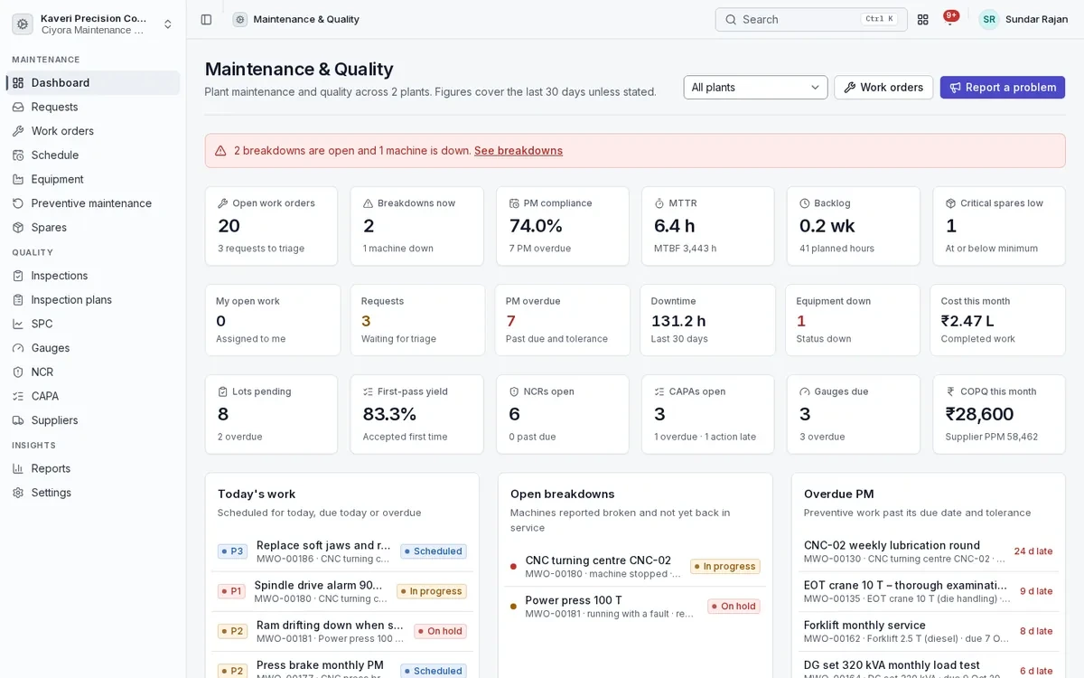 Maintenance and Quality dashboard: open work orders, breakdowns, PM compliance, MTTR, inspection lots, first-pass yield and NCRs.