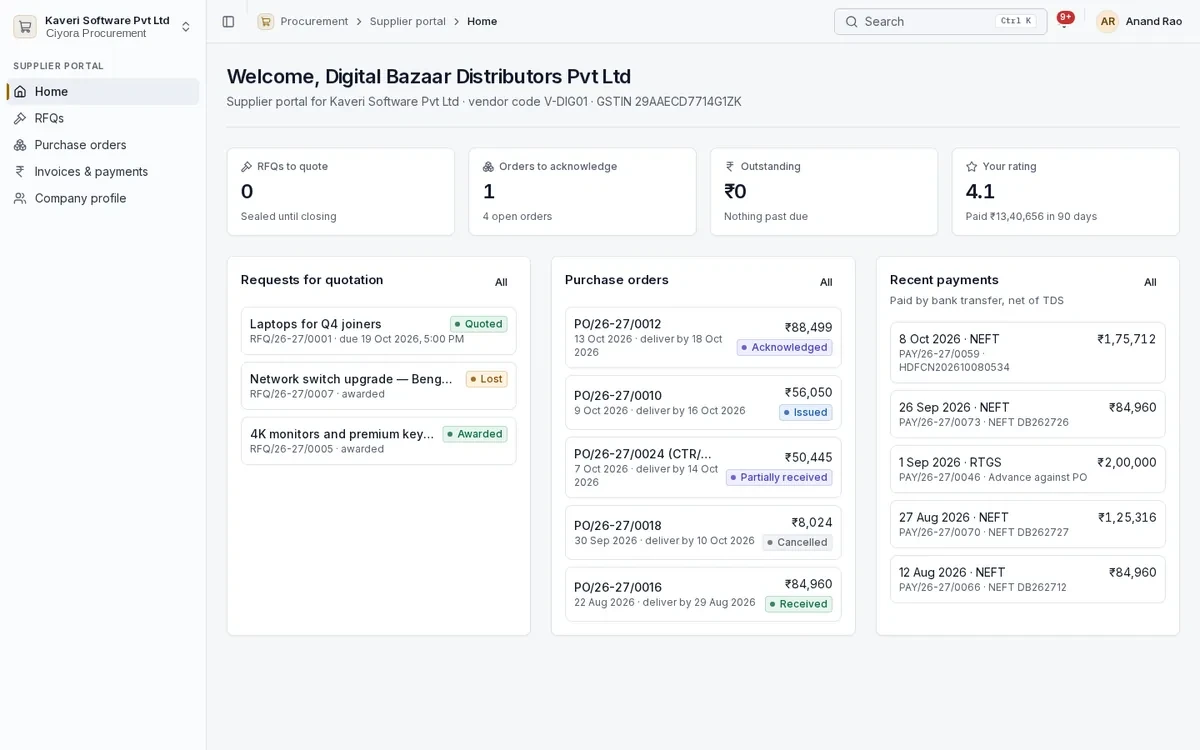 Supplier portal home with RFQs to quote, purchase orders, outstanding amount and recent payments.