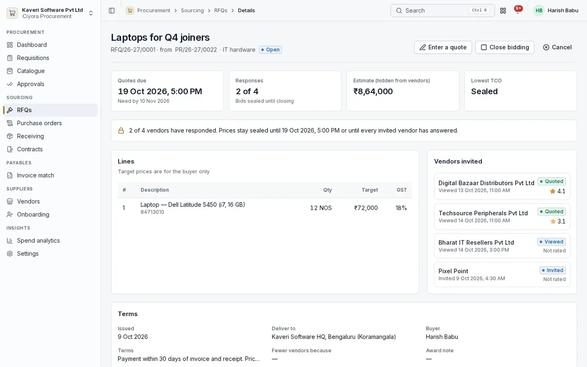 RFQ for laptops with sealed bids, invited vendors and their response status.