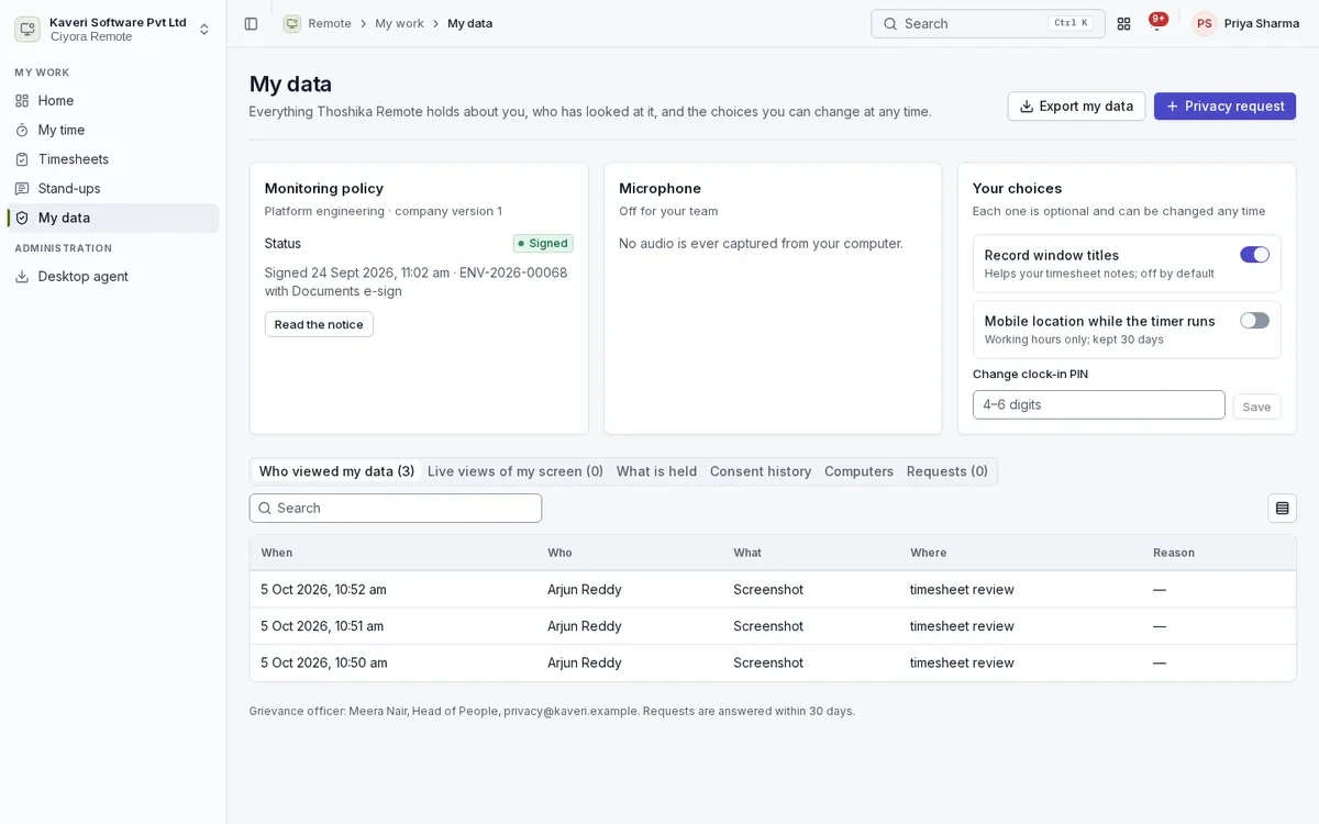 My data page with the signed monitoring policy, microphone status, the employee’s own choices and a log of who viewed their data