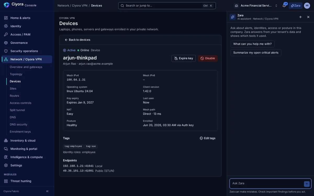A device enrolled through Ciyora Client as seen in Ciyora Console: mesh address, OS, client version, key expiry, NAT type, direct path at 13 ms and healthy posture.