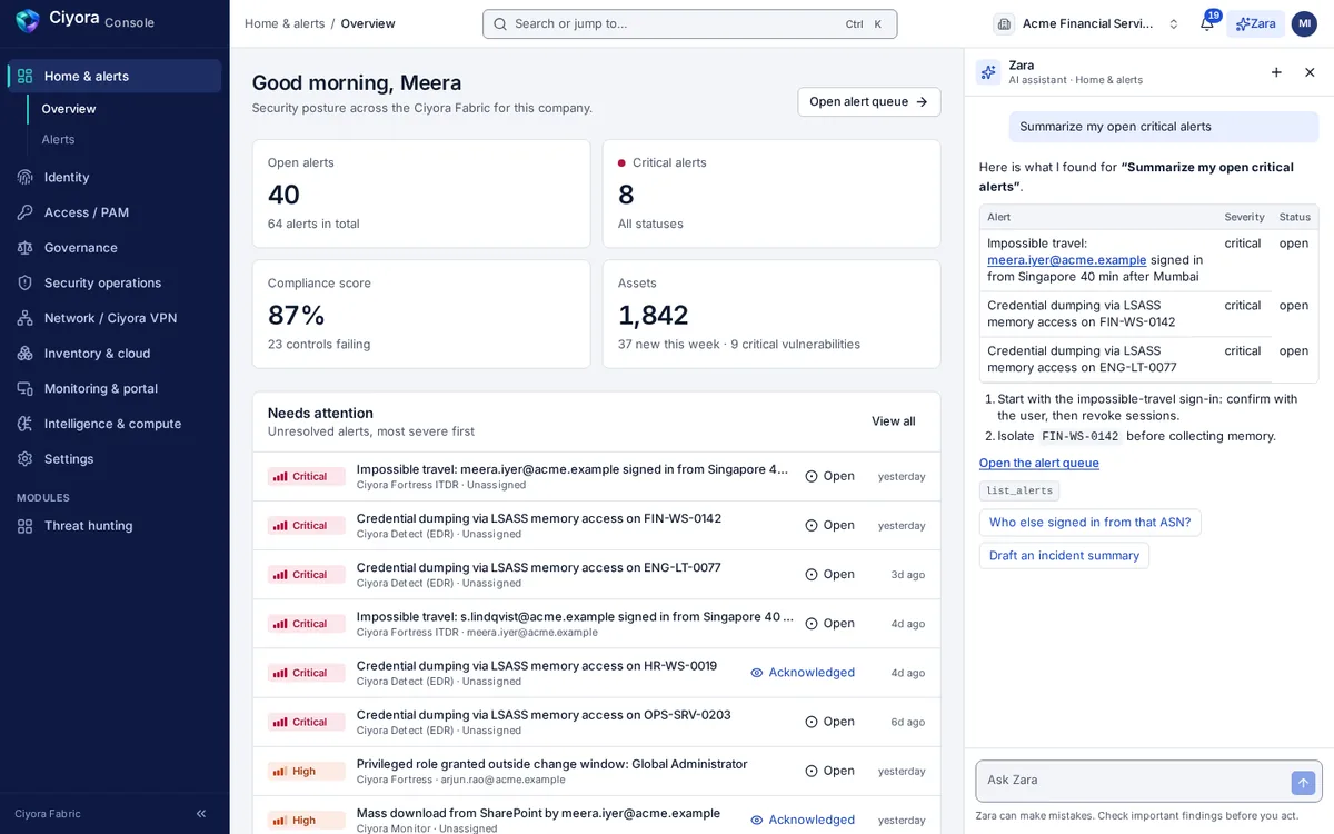 Zara open beside the Ciyora Console home page, answering a request to summarise open critical alerts with a table of alerts, recommended next steps and the list_alerts tool it used.