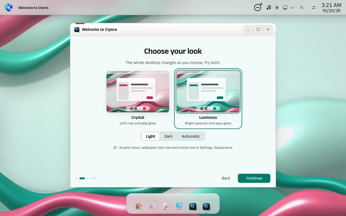 Choose your look screen with Crystal (soft rose and jade glass) and Luminous (bright peacock and aqua glass), Luminous selected