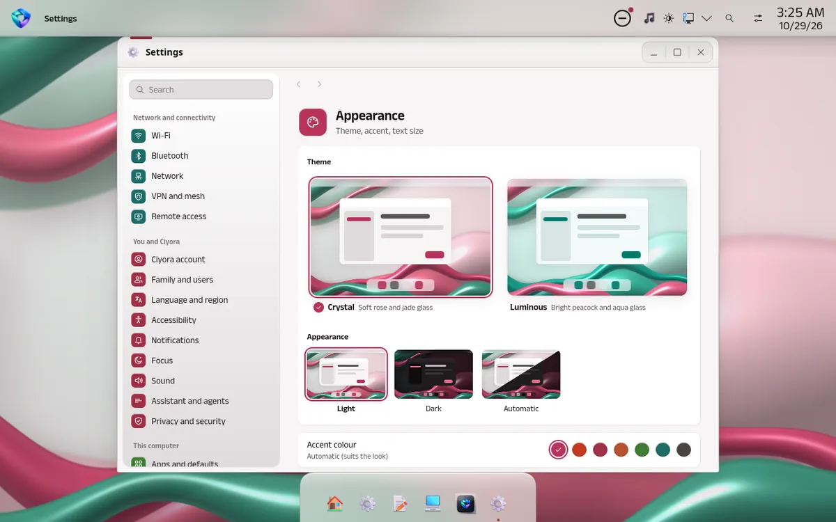 Ciyora Settings, Appearance page, in the Crystal light look, with a sidebar of sections such as Wi-Fi, Ciyora account, Focus and Privacy and security