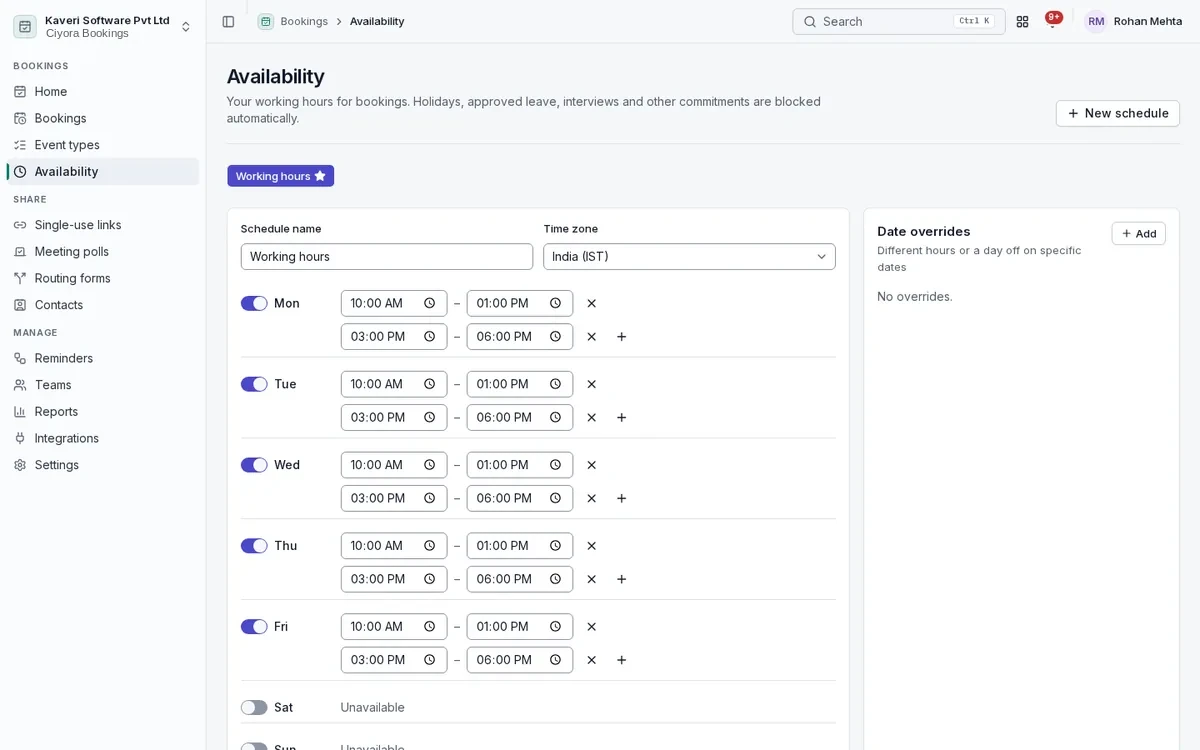 Availability editor with weekly working hours in two blocks a day, a time zone and date overrides