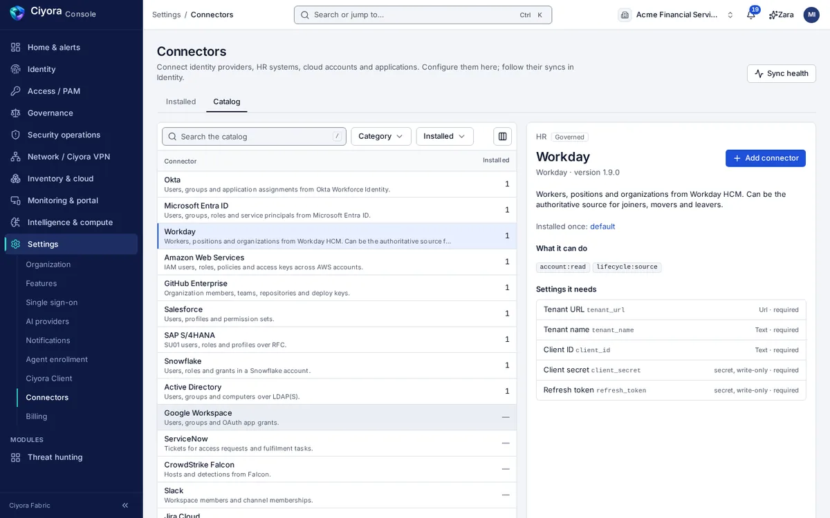 The connector catalogue in Ciyora Console with Okta, Microsoft Entra ID, Workday, Amazon Web Services, GitHub Enterprise, Salesforce, SAP S/4HANA, Snowflake, Active Directory, Google Workspace, ServiceNow, CrowdStrike Falcon and Slack, and the Workday connector's settings.