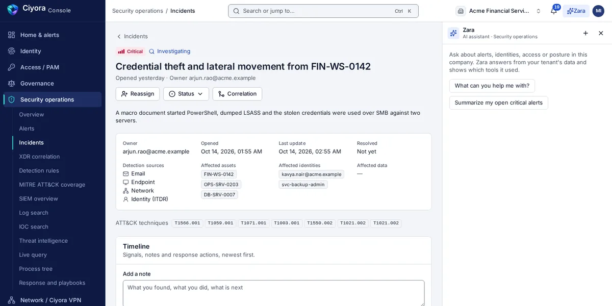 A critical incident in Ciyora Detect, credential theft and lateral movement from a finance workstation, with owner, detection sources across email, endpoint, network and identity, affected assets and identities, and the ATT&CK techniques involved.