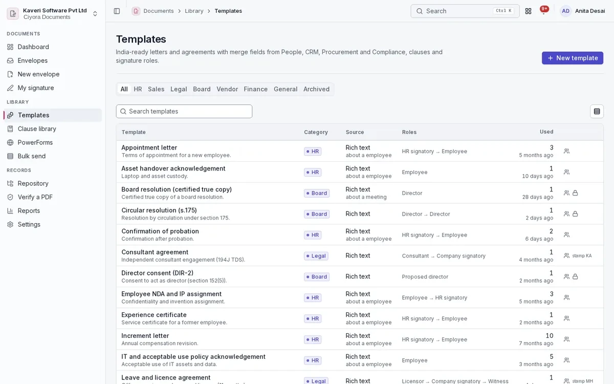 Template library with HR, board, legal and vendor templates, their signing roles and usage.