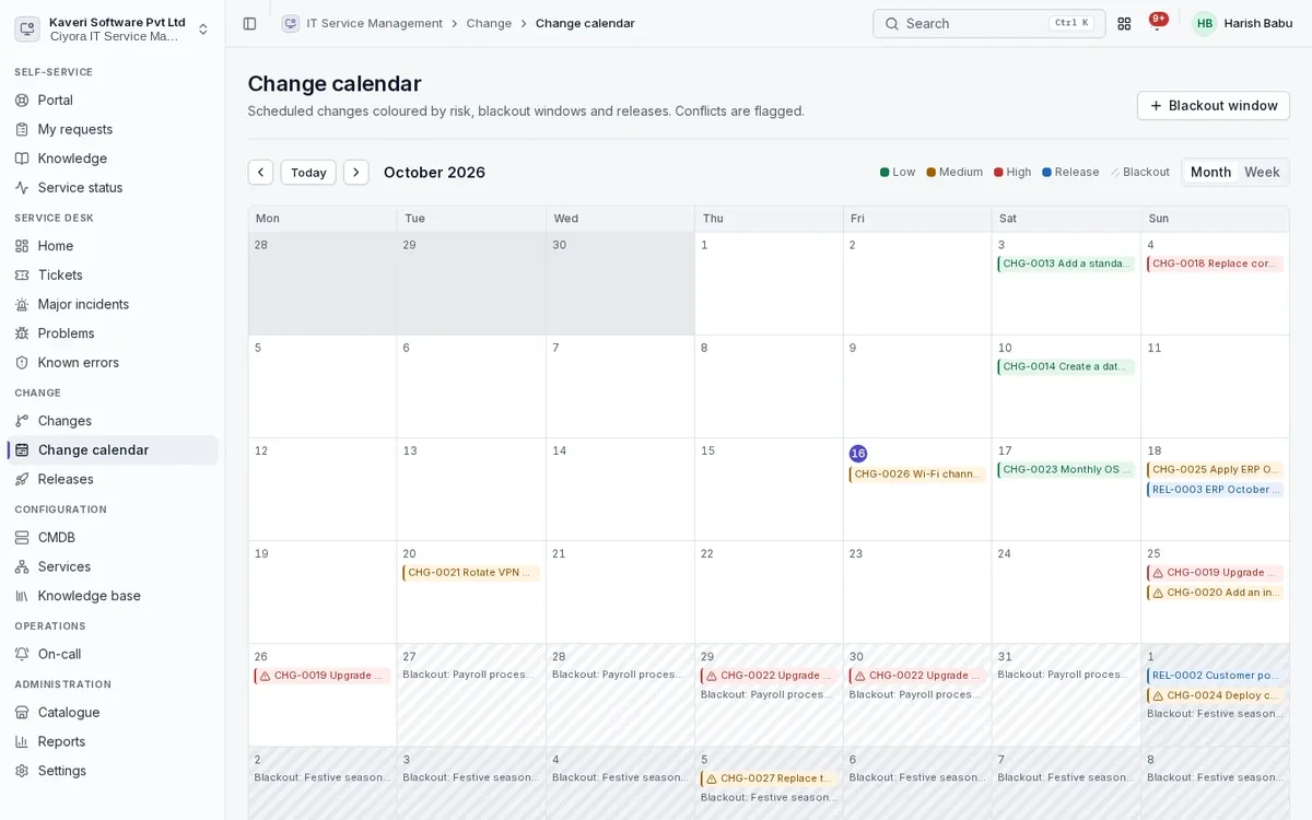 Change calendar for the month with changes coloured by risk, a release and blackout windows