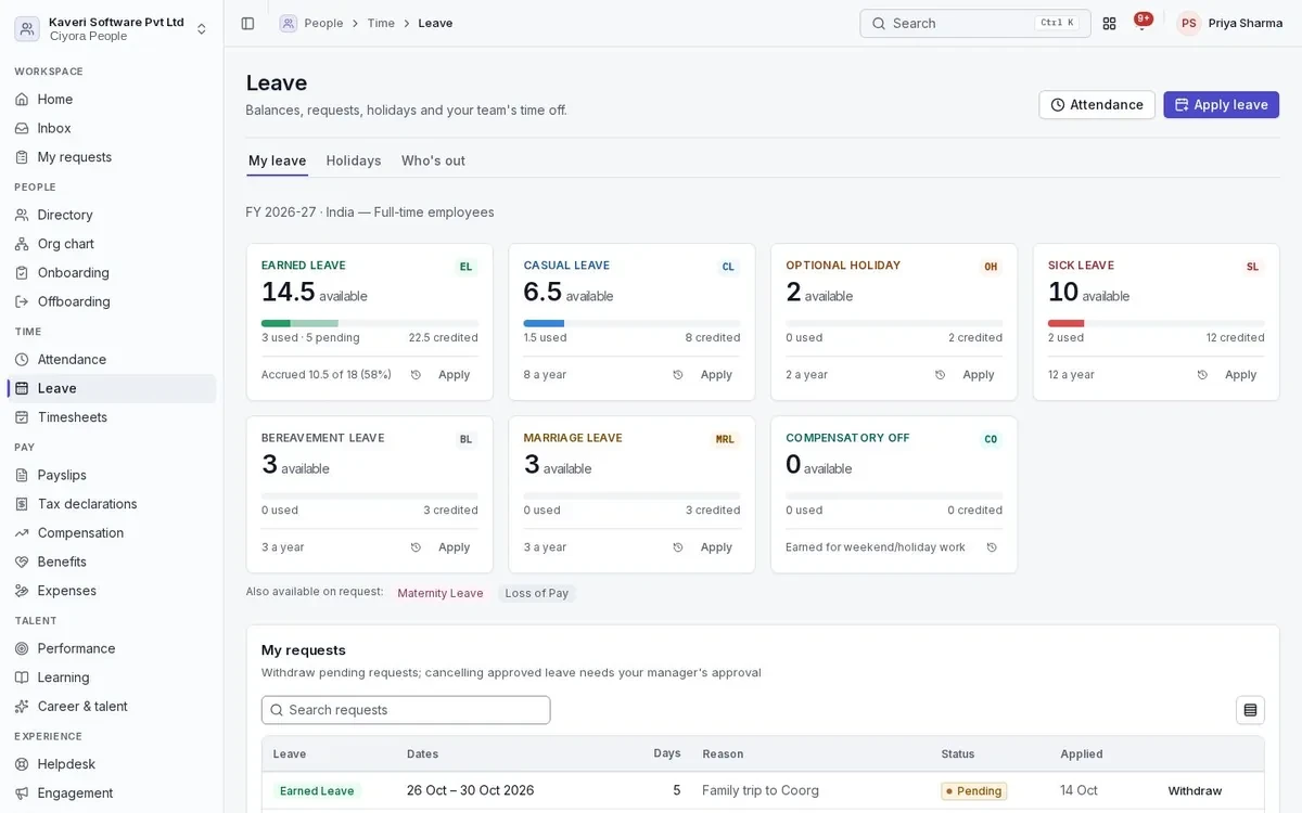 Leave page for an employee: balances for earned, casual, sick and optional leave, holidays and a list of leave requests with their status.