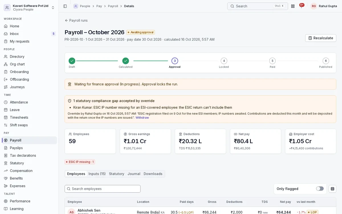 Payroll run for October 2026 at the approval step, with employees, gross earnings, deductions, net pay and employer cost.