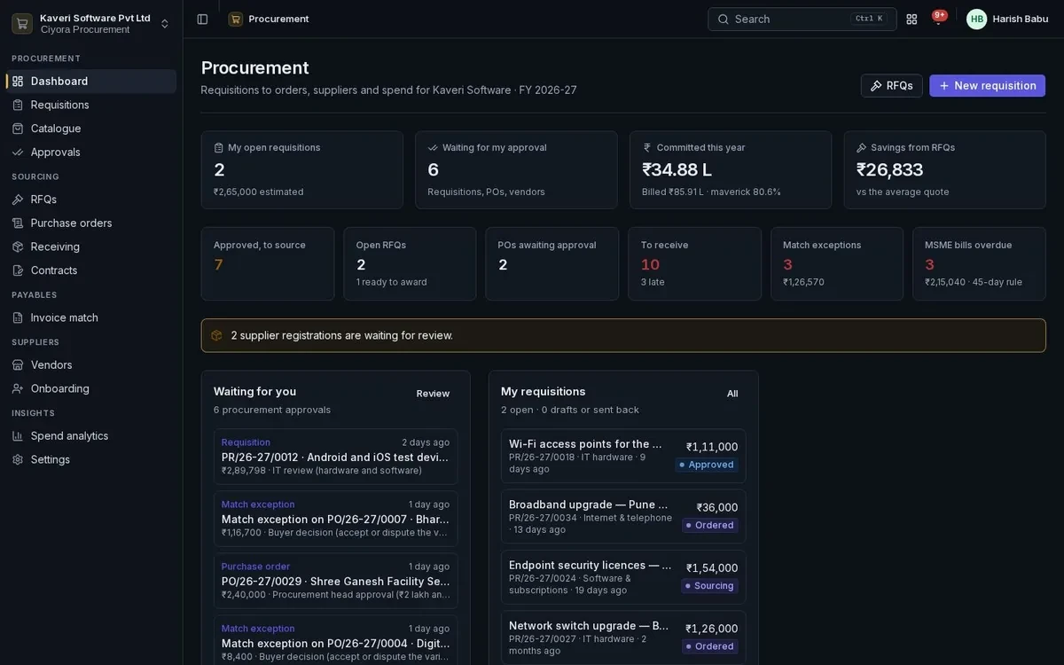 Procurement dashboard: open requisitions, approvals waiting, committed spend, match exceptions and MSME payments due.
