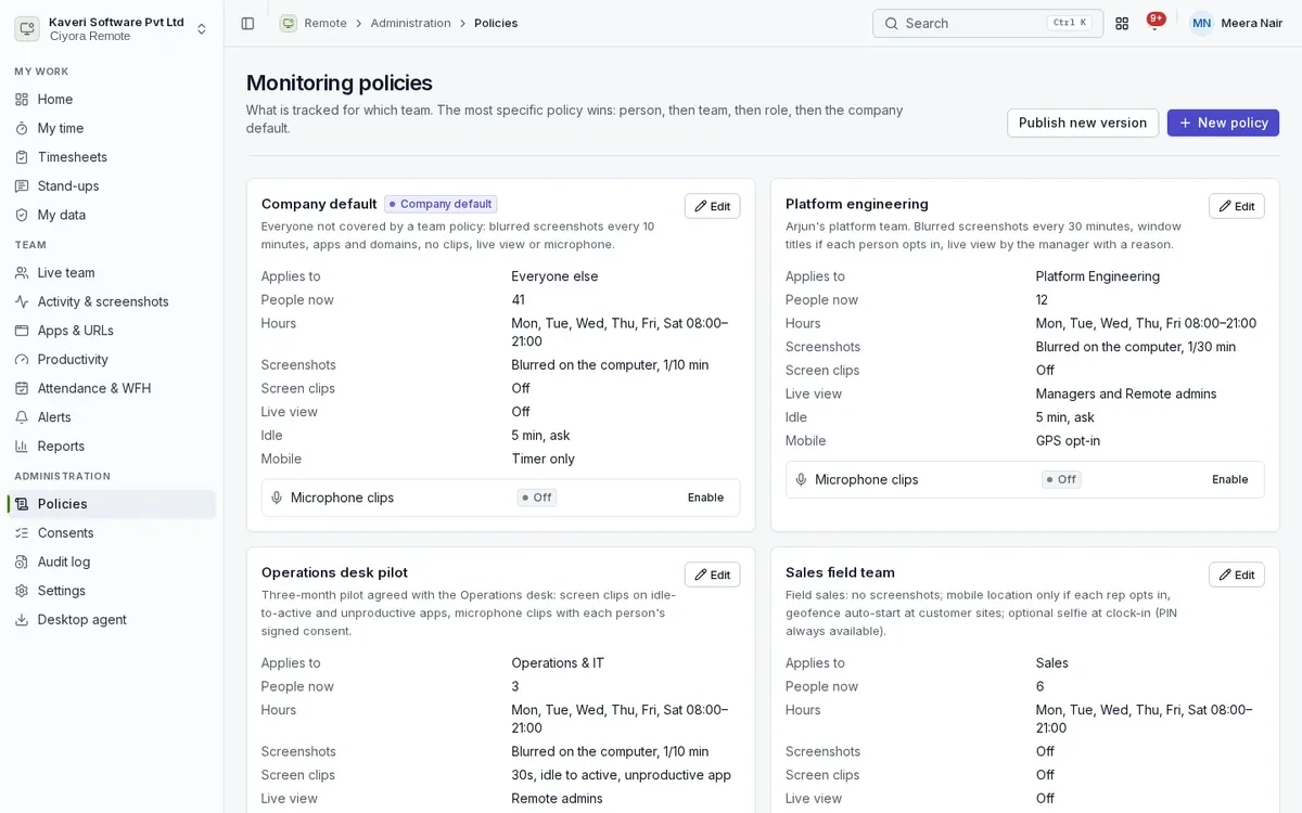 Monitoring policies per team with hours, screenshot mode, screen clips, live view, idle rules and microphone setting