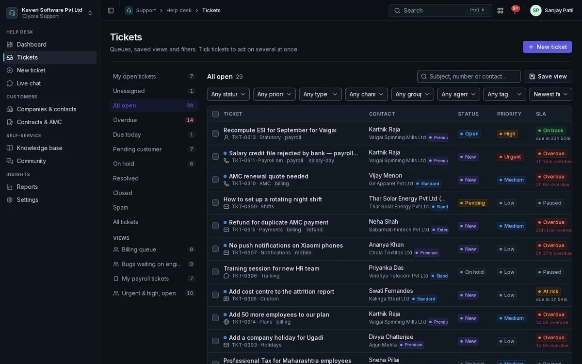 Support tickets list with saved views, filters, contacts, status, priority and SLA timers.