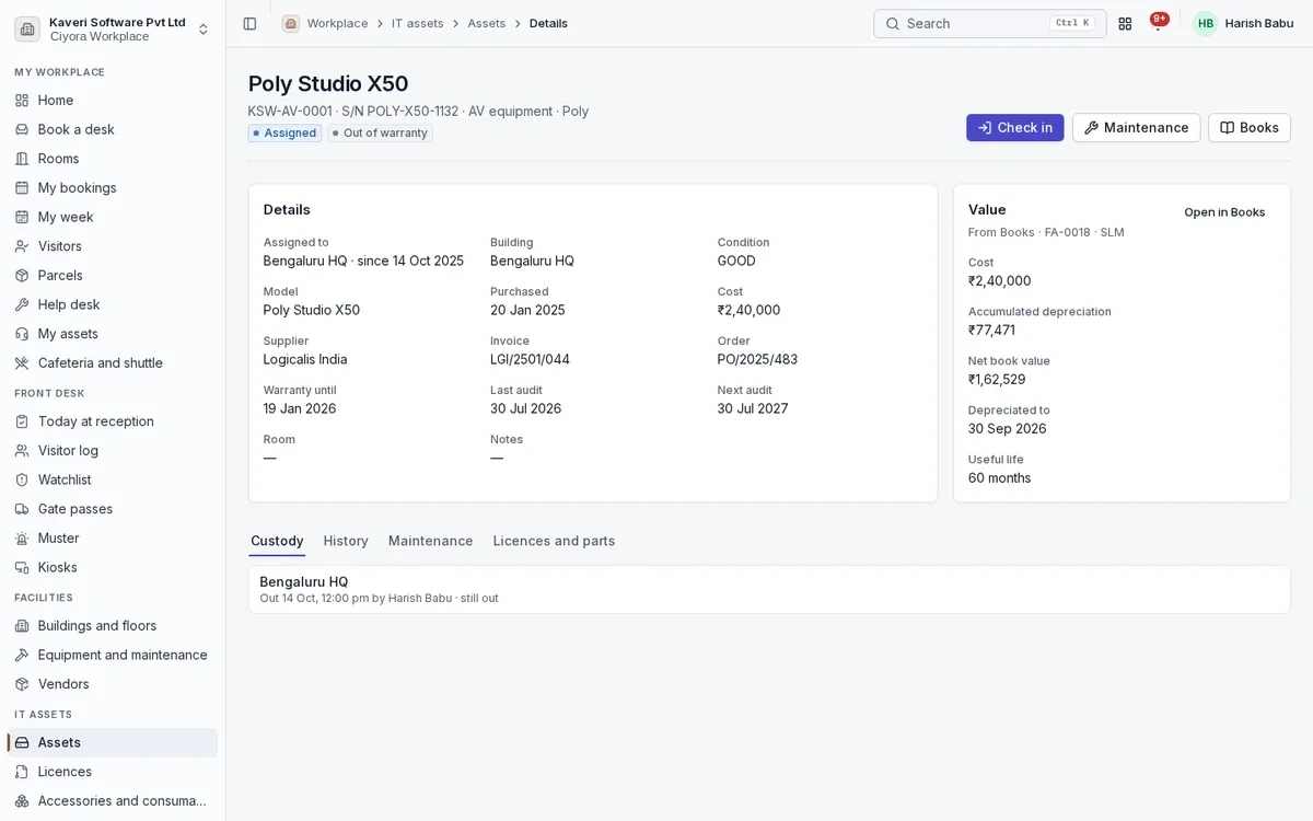 IT asset record with custody, warranty and audit dates and book value from Books.
